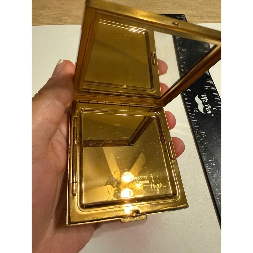 Harriet Hubbard Ayer Vintage Gold Tone Plaid Powder Compact with Mirror & Puff